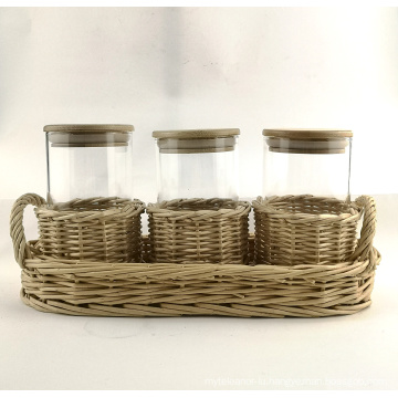 Rattan Wrapped Glass Storage Jar Set